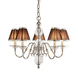 Nickel 5 Light Chandelier with Different Coloured Shades
