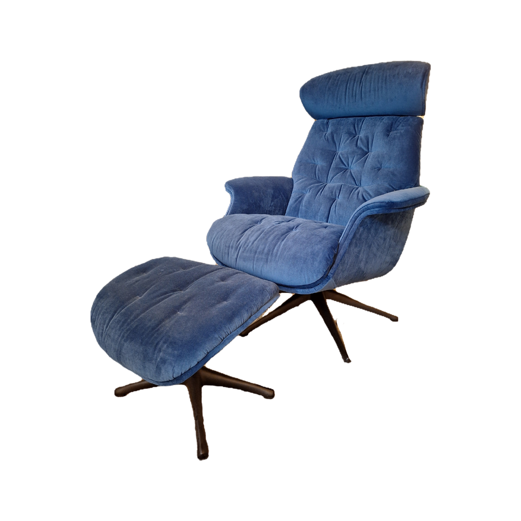 Blue Velvet Recliner Armchair & Stool
