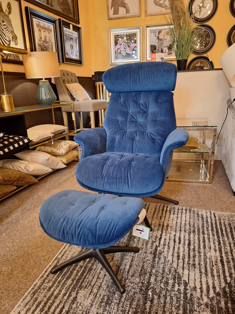 Blue Velvet Recliner Armchair & Stool