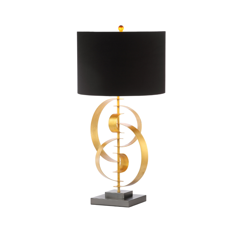 Gold Leaf Metal Table Lamp with Black Linen Shade / Gold Inside