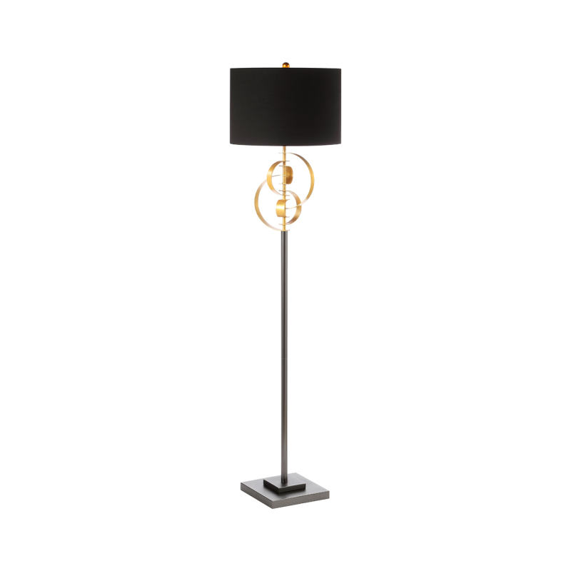 Gold Leaf Metal Floor Lamp with Black Linen Shade / Gold Inside