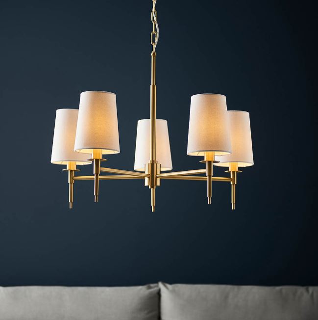 Satin Brass 5 Light Multi Arm Pendant with Tapered Shades