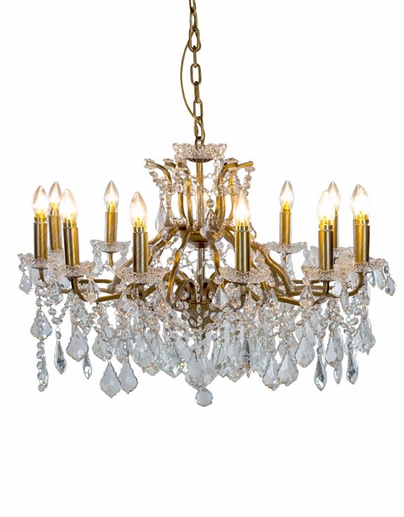 Large 12 Branch Shallow Brushed Gold Glass Chandelier